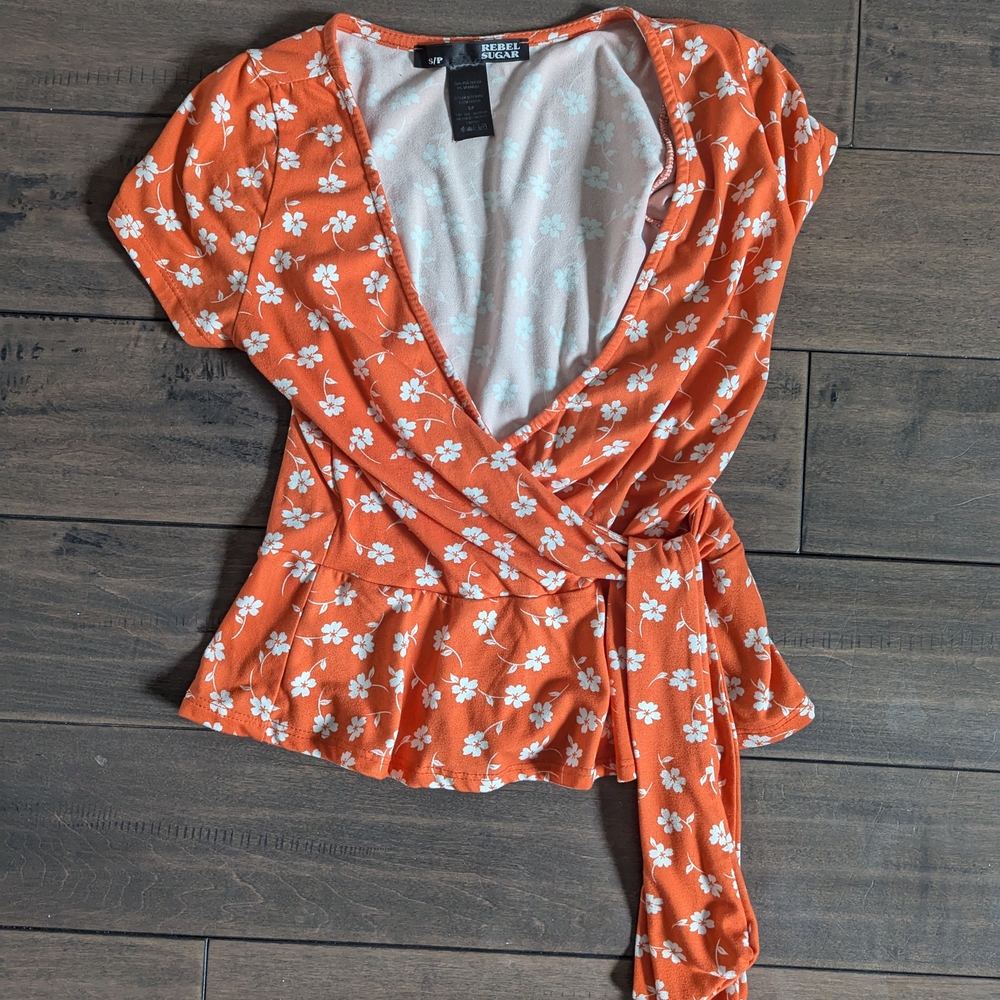 Orange Floral Wrap Top